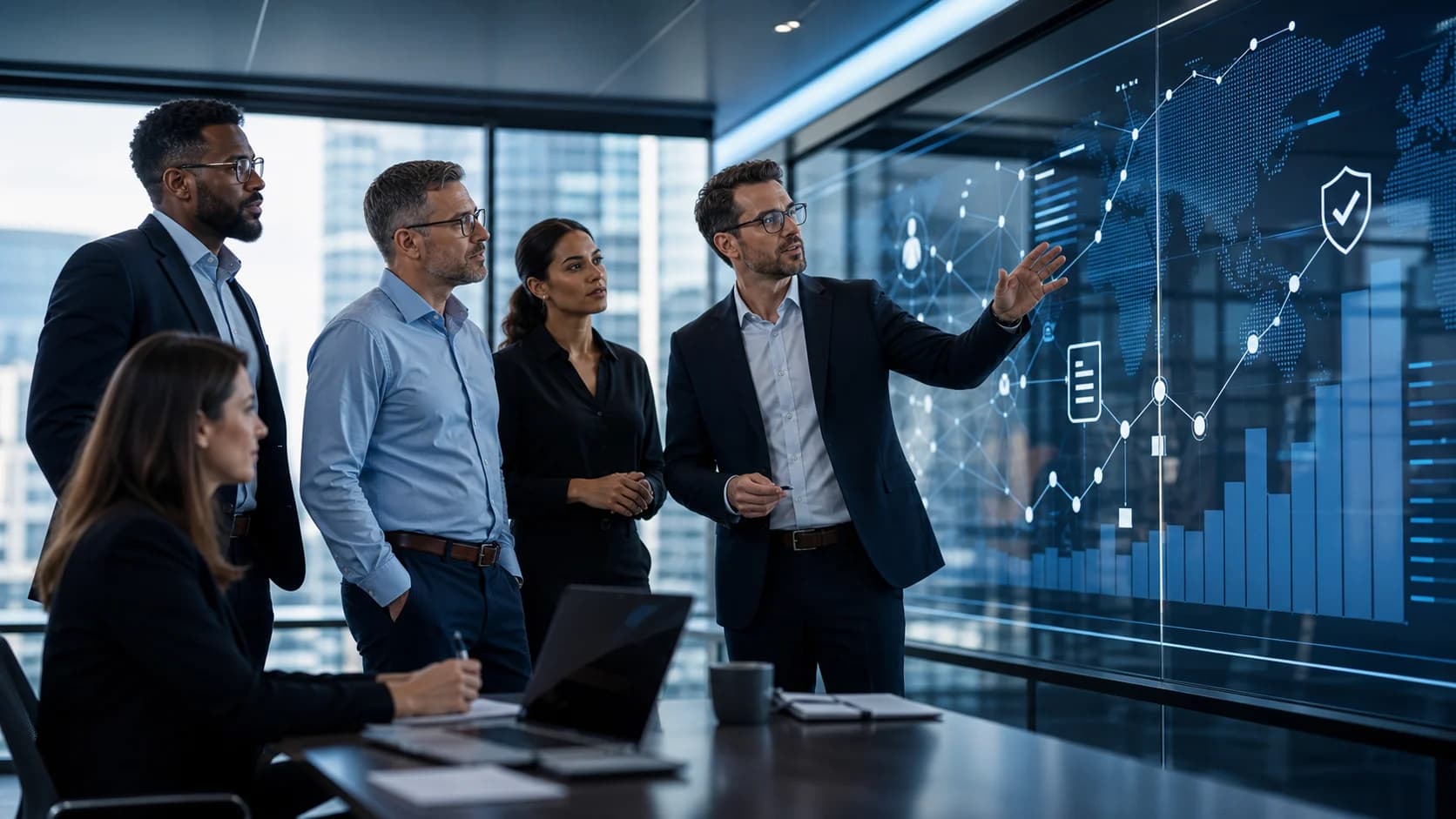 Business technology professionals reviewing an abstract IT services roadmap on a glass display.